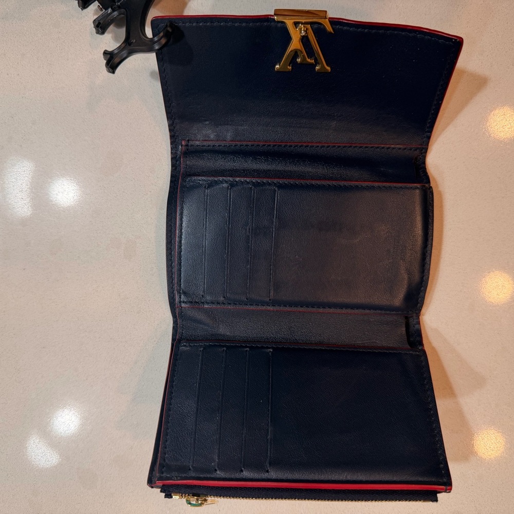 SOLD Louis Vuitton Lockme Compact Wallet Navy Blue Red Trim Gold LV Clasp + COA - Picture 3 of 11